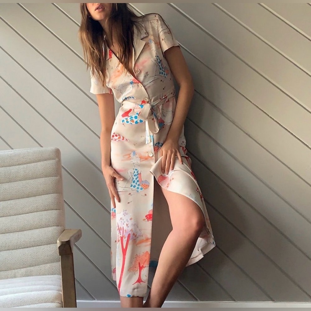 Aritzia Wilfred Satin Maxi Shirt Dress Medium Beach Print Women Artsy Fem RARE